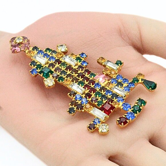 Sweet Dominique Multicolor Pink Star Rhinestone Christmas Tree Holiday Brooch